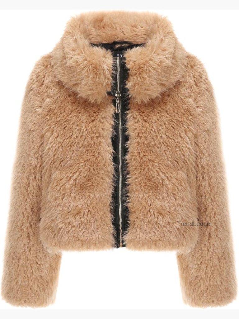 Short Faux Fur Jacket With Lapel Collar, Zip Up Cardigan Coat With Pockets